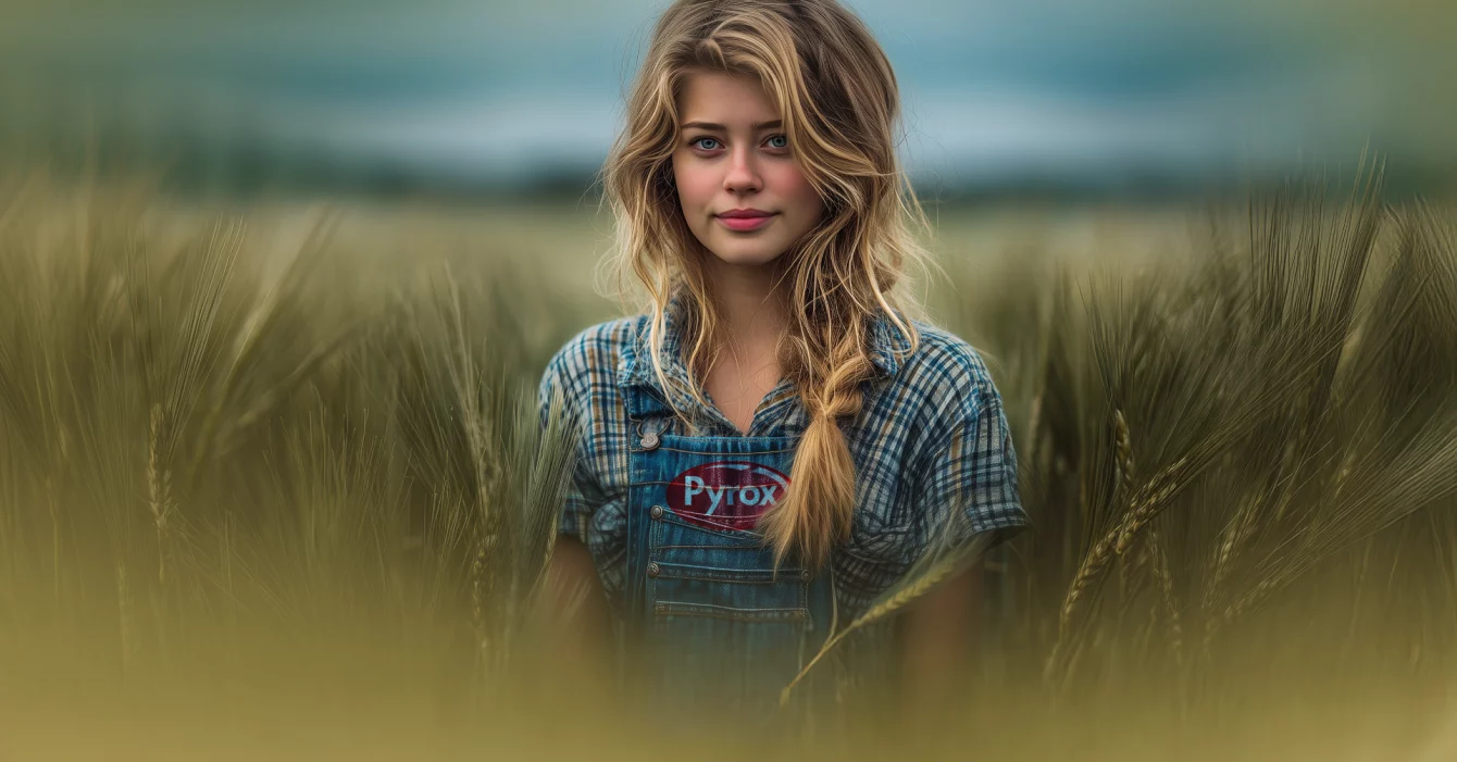 Gamme Pyrox - Femme blonde dans champ de blé habillée en salopette en jean estampillée Pyrox et chemise à carreaux sur fond ocre jaune - 1920x1280