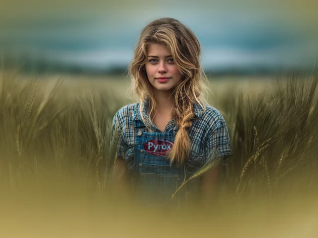 Gamme Pyrox - Femme blonde dans champ de blé habillée en salopette en jean estampillée Pyrox et chemise à carreaux sur fond ocre jaune - 1920x1280