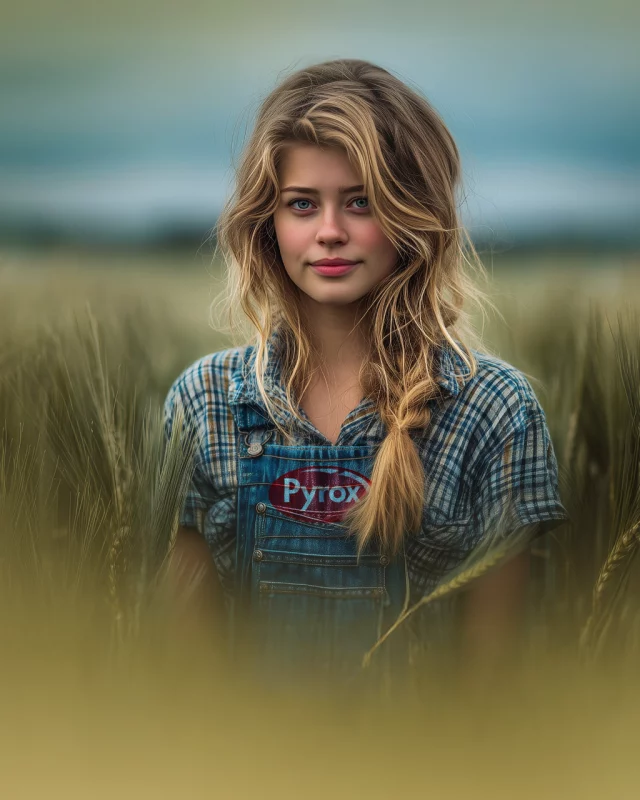 Gamme Pyrox - Femme blonde dans champ de blé habillée en salopette en jean estampillée Pyrox et chemise à carreaux sur fond ocre jaune - 1920x1280