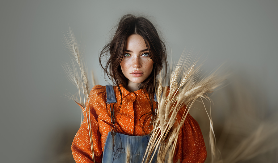 Gamme Pyrox - Femme brune sur fond neutre habillée en salopette en jean et chemise orange avec des blés devant elle